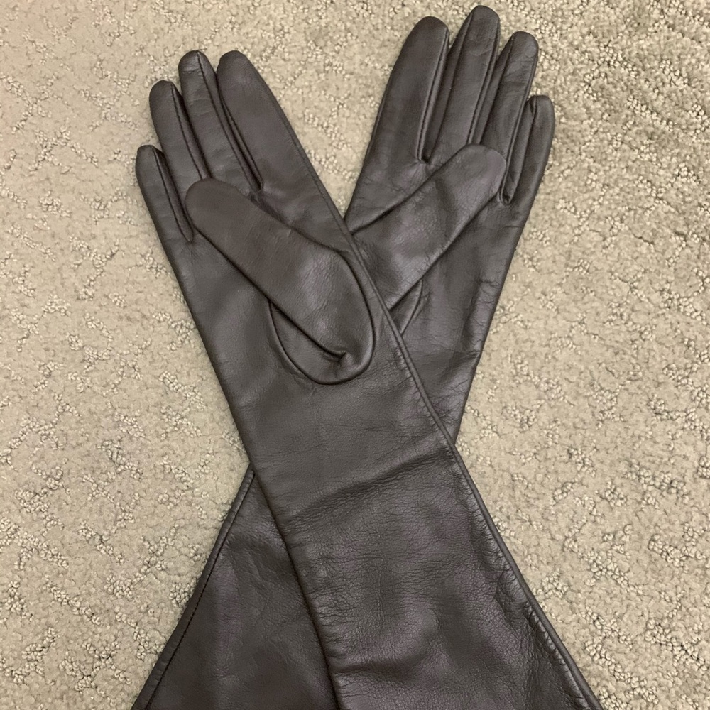 BCBG Long chocolate brown leather gloves